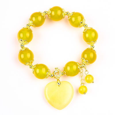14MM الطاقة الطبيعية الصفراء الكالسيدونية مع قلب الياقوت الأصفر النحت Lucky Crystal Bead Bracelet