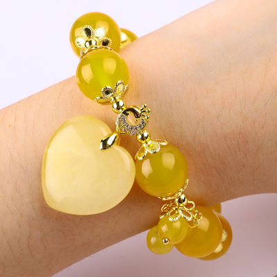 14MM الطاقة الطبيعية الصفراء الكالسيدونية مع قلب الياقوت الأصفر النحت Lucky Crystal Bead Bracelet