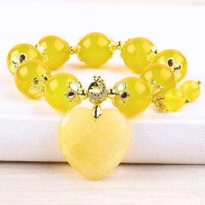 14MM الطاقة الطبيعية الصفراء الكالسيدونية مع قلب الياقوت الأصفر النحت Lucky Crystal Bead Bracelet