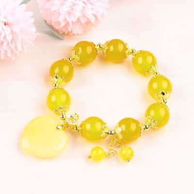 14MM الطاقة الطبيعية الصفراء الكالسيدونية مع قلب الياقوت الأصفر النحت Lucky Crystal Bead Bracelet